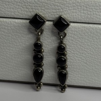 Vintage Jeneva J.A. 925 Sterling Silver Black Onyx Earrings Length 1.60 Inch
