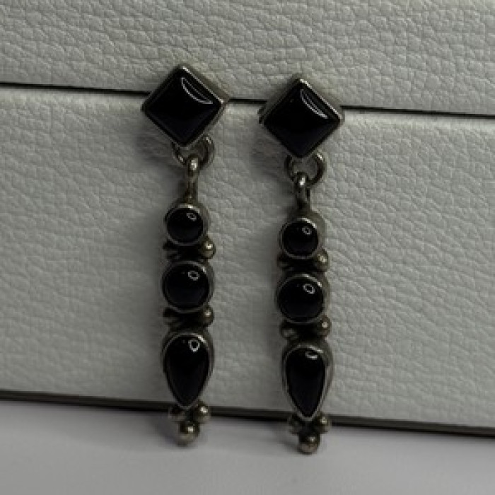 Vintage Jeneva J.A. 925 Sterling Silver Black Onyx Earrings Length 1.60 Inch