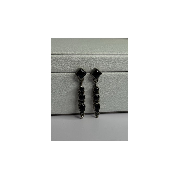 Vintage Jeneva J.a. 925 Sterling Silver Black Onyx Earrings Length 1.60 Inch