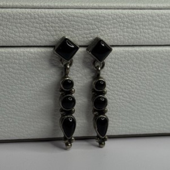 Vintage Jeneva J.A. 925 Sterling Silver Black Onyx Earrings Length 1.60 Inch