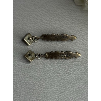 Vintage Jeneva J.a. 925 Sterling Silver Black Onyx Earrings Length 1.60 Inch