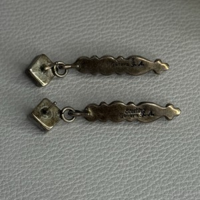 Vintage Jeneva J.A. 925 Sterling Silver Black Onyx Earrings Length 1.60 Inch