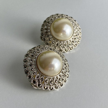 Vintage 925 Sterling Silver Pearl & Marcasites Clip-On Earrings