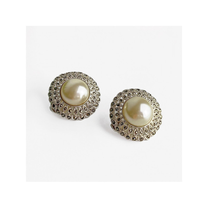 VINTAGE 925 STERLING SILVER PEARL & MARCASITES CLIP-ON EARRINGS