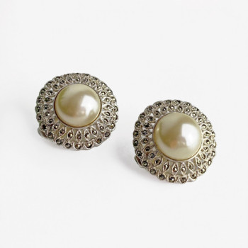 Vintage 925 Sterling Silver Pearl & Marcasites Clip-On Earrings