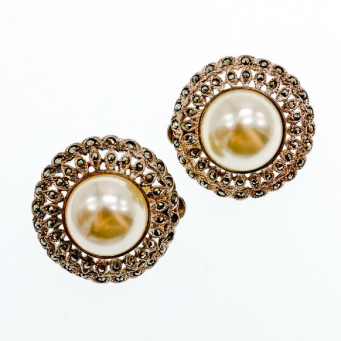 Vintage 925 Sterling Silver Pearl & Marcasites Clip-On Earrings