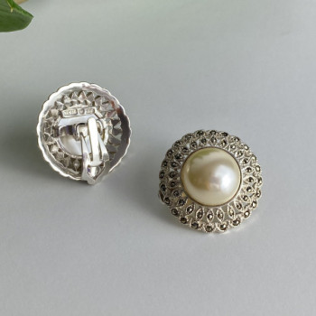 Vintage 925 Sterling Silver Pearl & Marcasites Clip-On Earrings