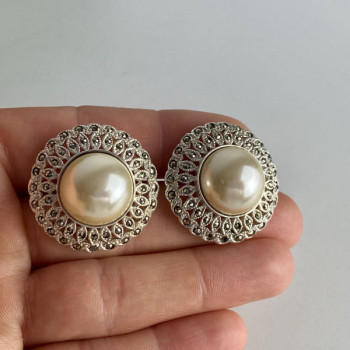 Vintage 925 Sterling Silver Pearl & Marcasites Clip-On Earrings