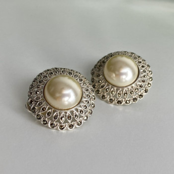 Vintage 925 Sterling Silver Pearl & Marcasites Clip-On Earrings