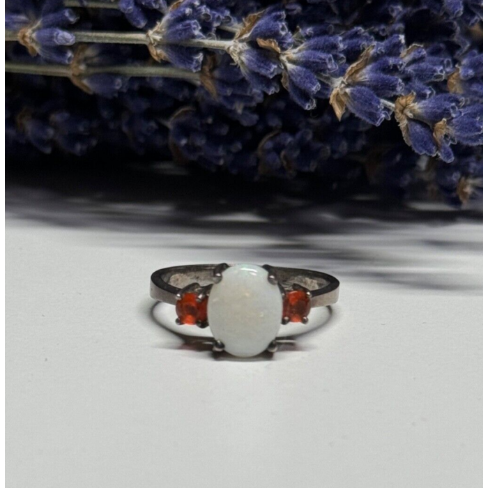 925 Sterling Silver Opal & Hessonite Ring Size 8
