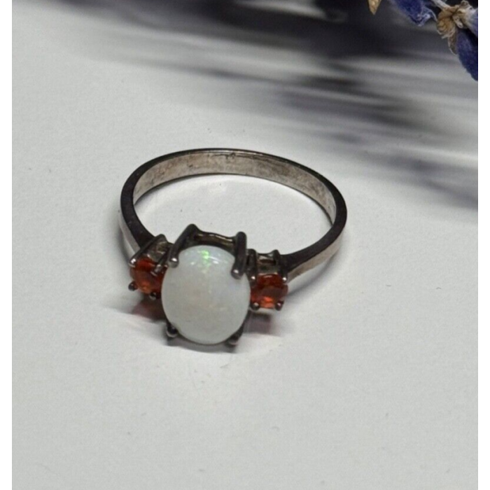 925 Sterling Silver Opal & Hessonite Ring Size 8