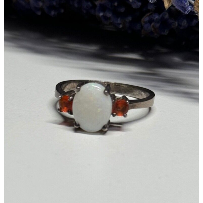 925 Sterling Silver Opal & Hessonite Ring Size 8