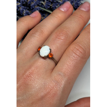 925 Sterling Silver Opal & Hessonite Ring Size 8