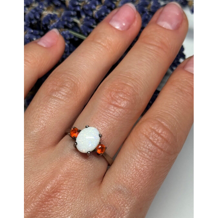 925 Sterling Silver Opal & Hessonite Ring Size 8