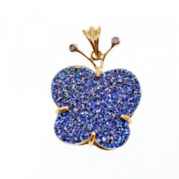 10K Yellow Gold Druzy Quartz & Diamonds Butterfly Pendant