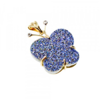 10K Yellow Gold Druzy Quartz & Diamonds Butterfly Pendant