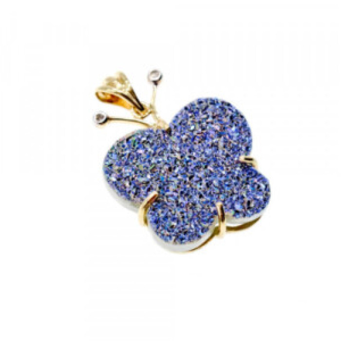 10K Yellow Gold Druzy Quartz & Diamonds Butterfly Pendant