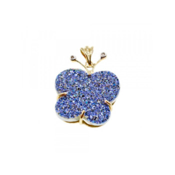 10K YELLOW GOLD DRUZY QUARTZ & DIAMONDS BUTTERFLY PENDANT