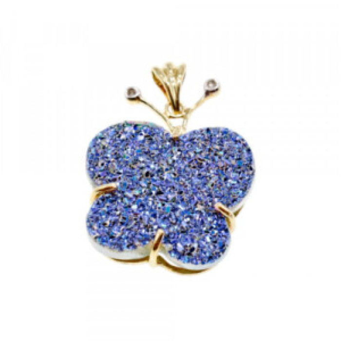 10K Yellow Gold Druzy Quartz & Diamonds Butterfly Pendant