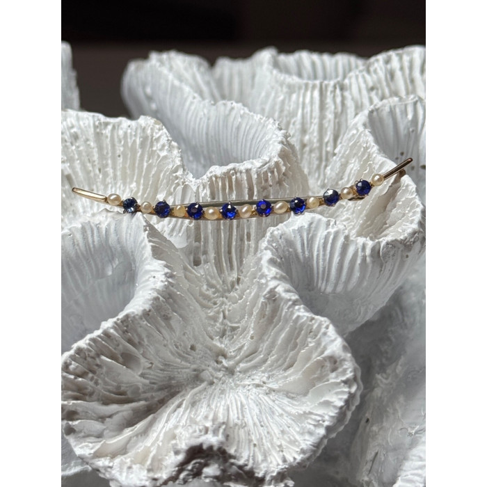 10K YELLOW GOLD SAPPHIRE & PEARLS BROOCH LENGTH 2 INCH