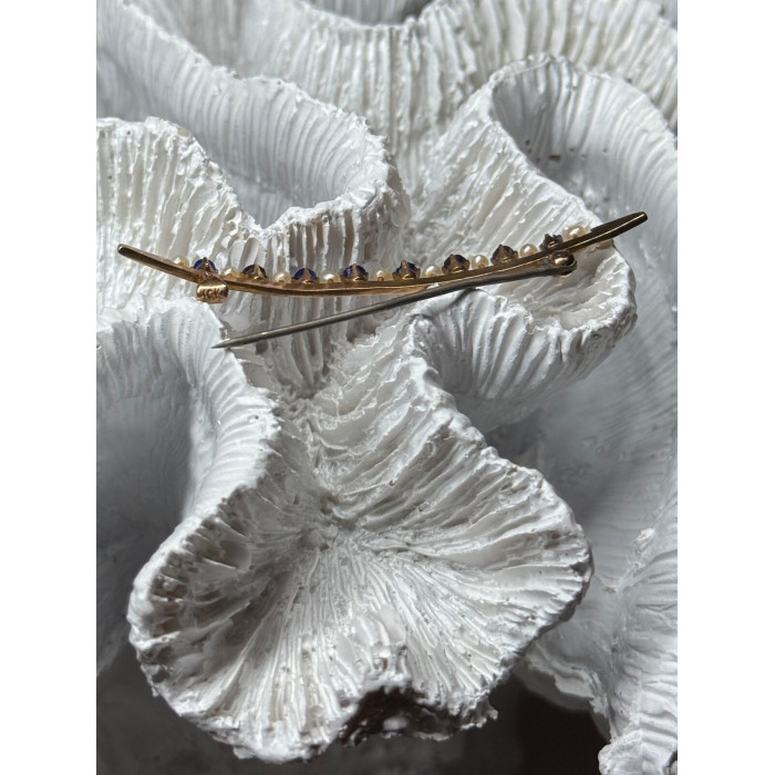 10K YELLOW GOLD SAPPHIRE & PEARLS BROOCH LENGTH 2 INCH