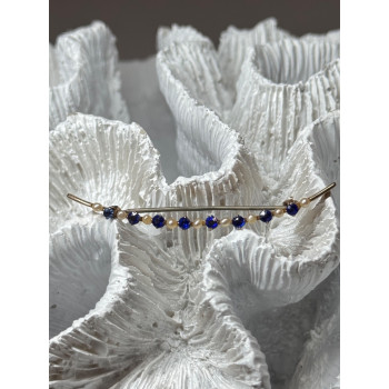 10K YELLOW GOLD SAPPHIRE & PEARLS BROOCH LENGTH 2 INCH