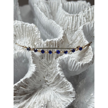 10K YELLOW GOLD SAPPHIRE & PEARLS BROOCH LENGTH 2 INCH