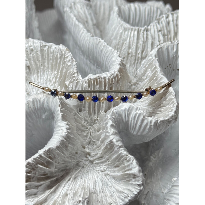 10K YELLOW GOLD SAPPHIRE & PEARLS BROOCH LENGTH 2 INCH