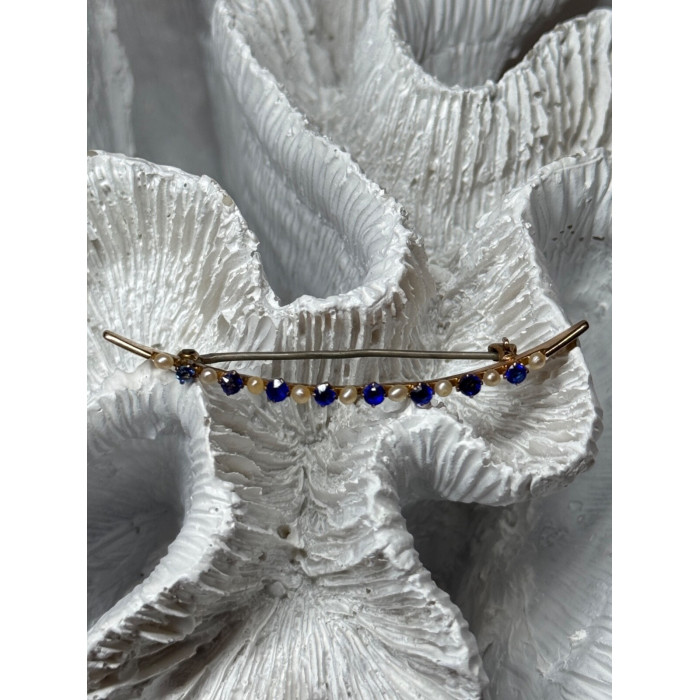 10K YELLOW GOLD SAPPHIRE & PEARLS BROOCH LENGTH 2 INCH