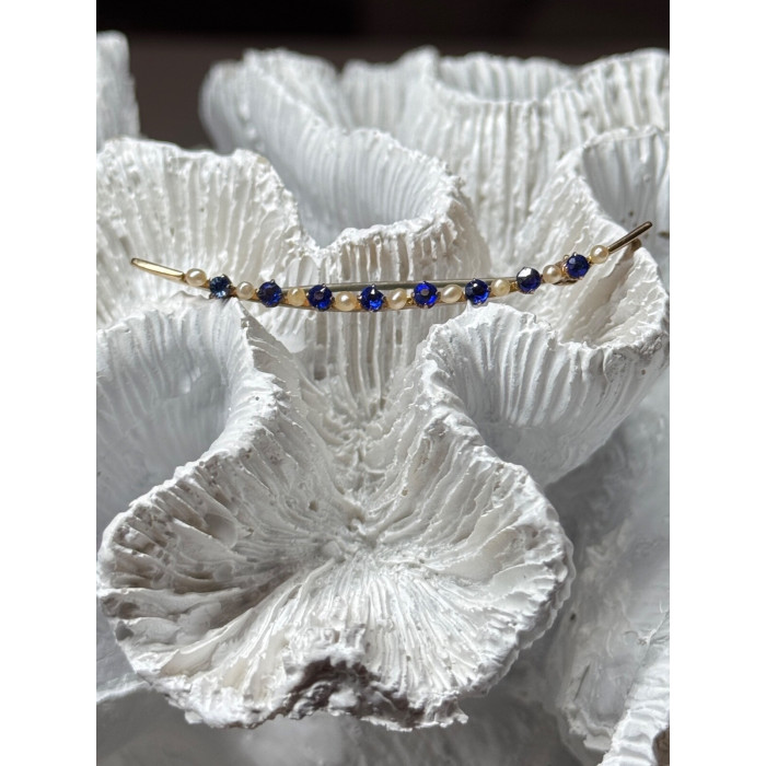 10K YELLOW GOLD SAPPHIRE & PEARLS BROOCH LENGTH 2 INCH