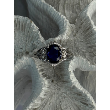 925 Sterling Silver Sapphire & Diamonds Ring Size 9