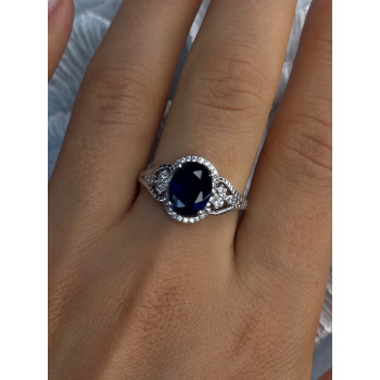 925 Sterling Silver Sapphire & Diamonds Ring Size 9