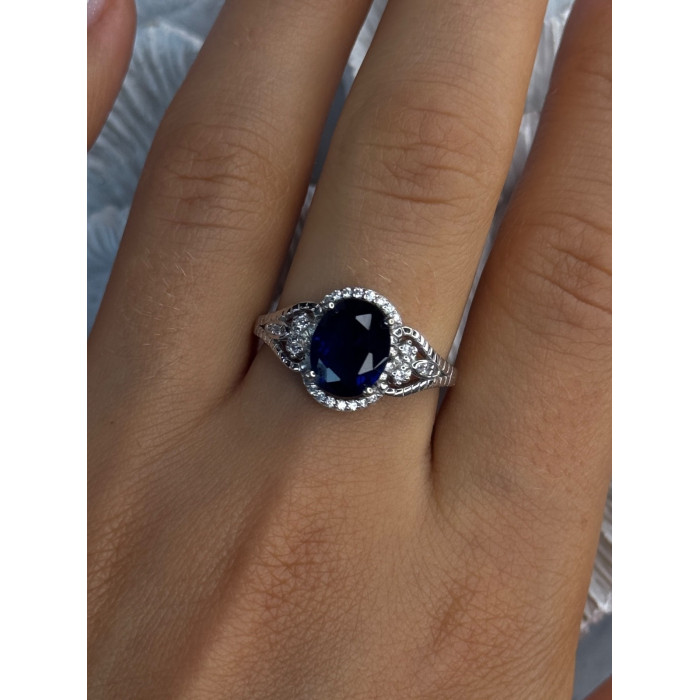 925 Sterling Silver Sapphire & Diamonds Ring Size 9