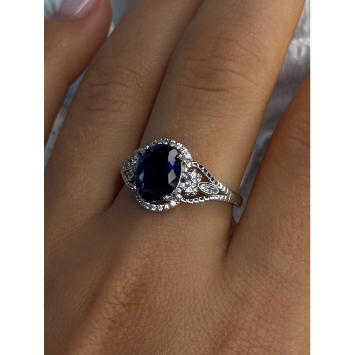 925 Sterling Silver Sapphire & Diamonds Ring Size 9