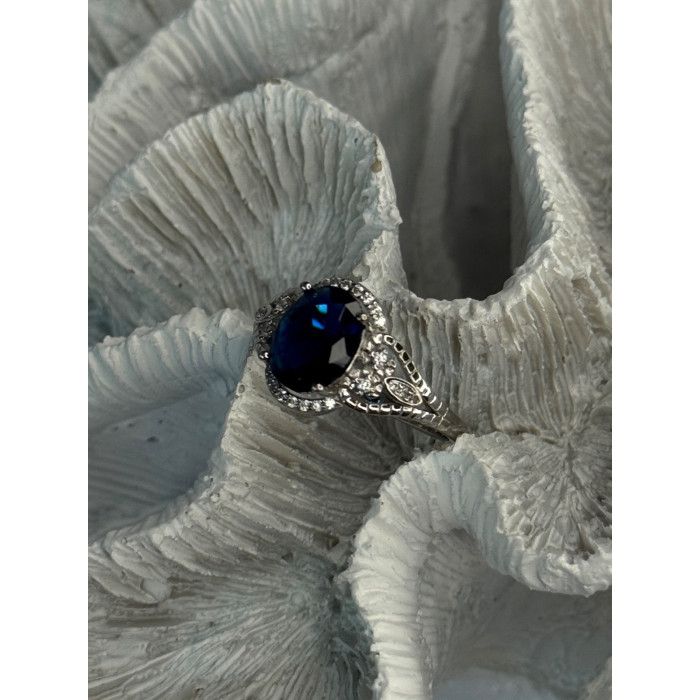 925 Sterling Silver Sapphire & Diamonds Ring Size 9