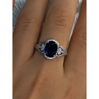 925 Sterling Silver Sapphire & Diamonds Ring Size 9