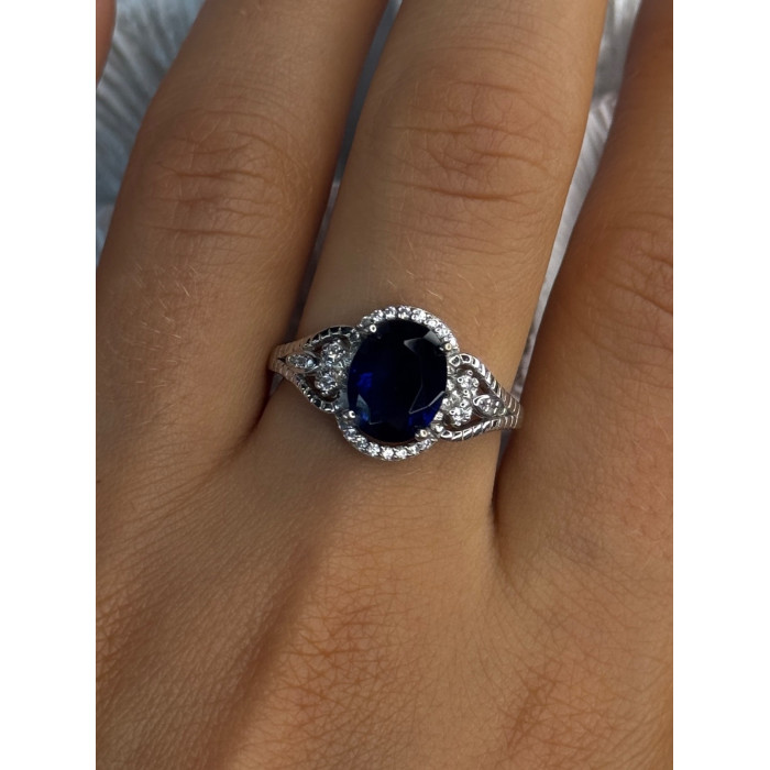 925 Sterling Silver Sapphire & Diamonds Ring Size 9