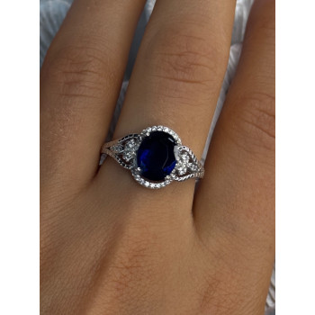 925 Sterling Silver Sapphire & Diamonds Ring Size 9