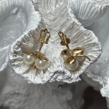 10K Yellow Gold Pearls & Diamonds Earrings Length 0.5 Inch