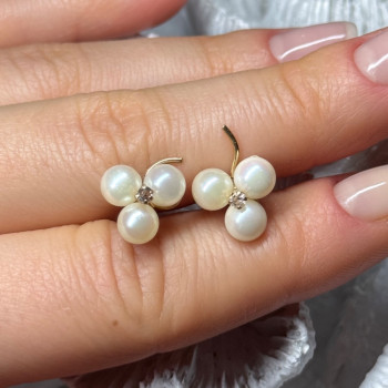 10K Yellow Gold Pearls & Diamonds Earrings Length 0.5 Inch
