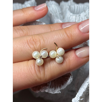 10K YELLOW GOLD PEARLS & DIAMONDS EARRINGS LENGTH 0.5 INCH