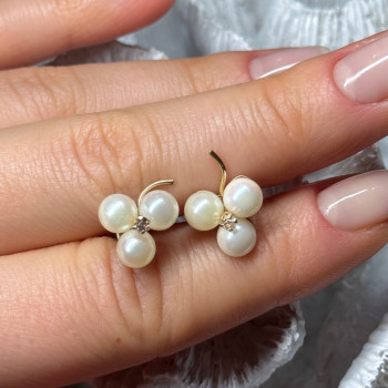 10K Yellow Gold Pearls & Diamonds Earrings Length 0.5 Inch