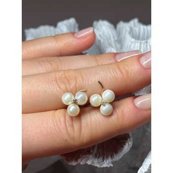 10K YELLOW GOLD PEARLS & DIAMONDS EARRINGS LENGTH 0.5 INCH