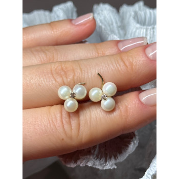 10K YELLOW GOLD PEARLS & DIAMONDS EARRINGS LENGTH 0.5 INCH