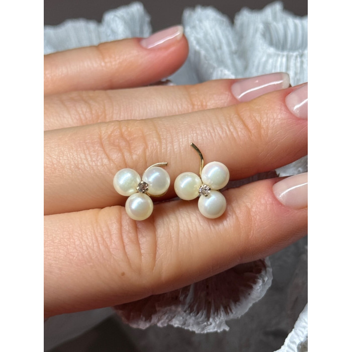 10K YELLOW GOLD PEARLS & DIAMONDS EARRINGS LENGTH 0.5 INCH