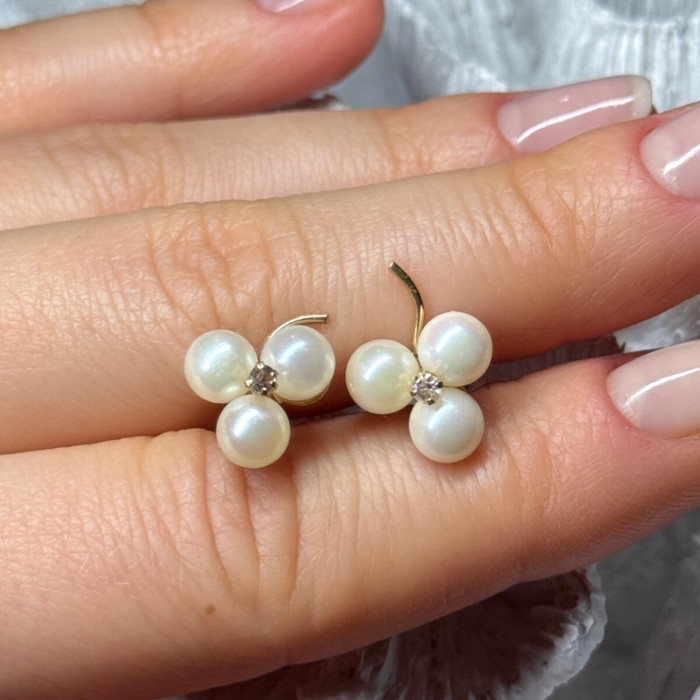 10K Yellow Gold Pearls & Diamonds Earrings Length 0.5 Inch