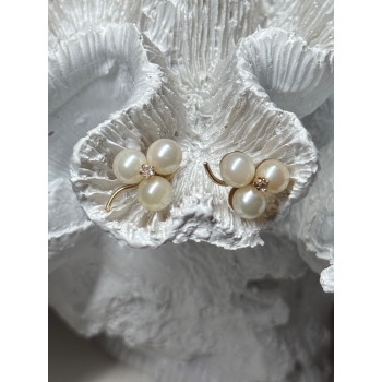 10K YELLOW GOLD PEARLS & DIAMONDS EARRINGS LENGTH 0.5 INCH