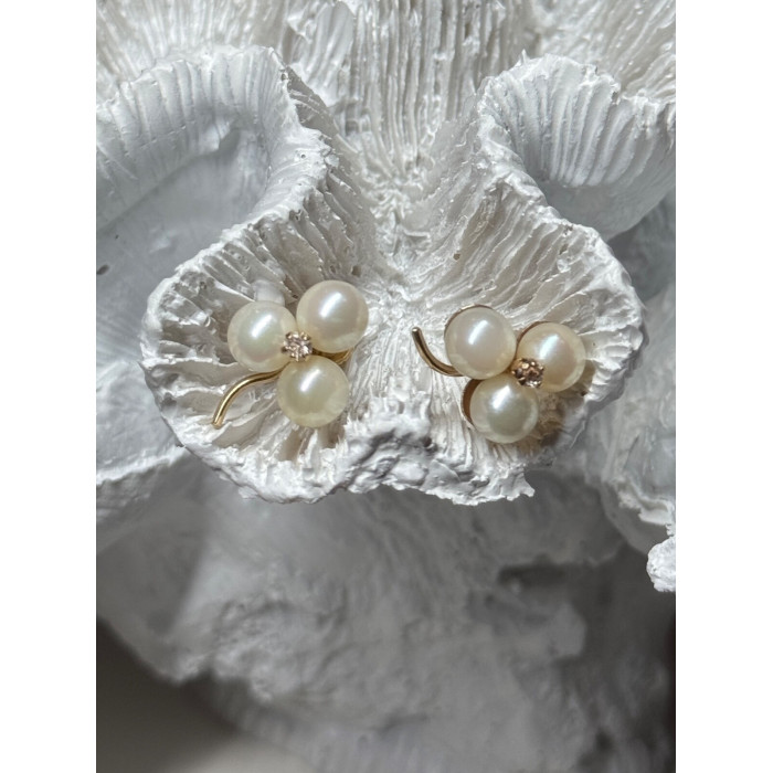 10K YELLOW GOLD PEARLS & DIAMONDS EARRINGS LENGTH 0.5 INCH