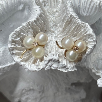 10K Yellow Gold Pearls & Diamonds Earrings Length 0.5 Inch