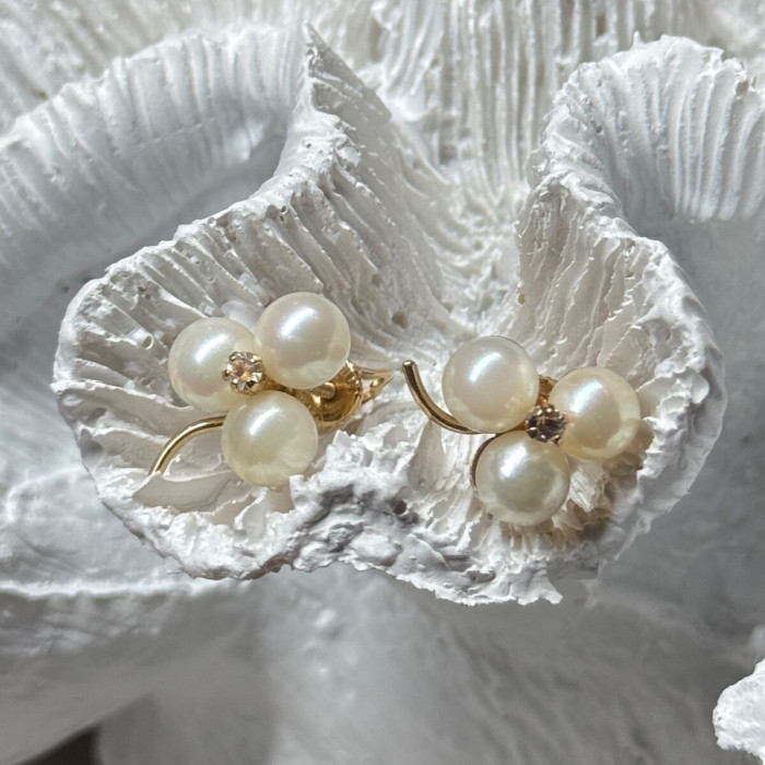 10K Yellow Gold Pearls & Diamonds Earrings Length 0.5 Inch